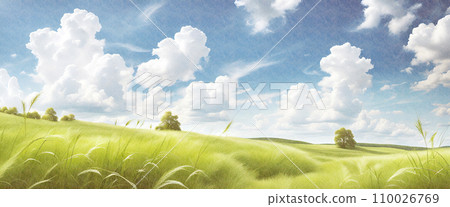 風中蓬鬆的白雲 | 美麗的草地和藍色的夏日天空 | AI 生成的圖像 風中蓬鬆的白雲 | 美麗的草地和藍色的夏日天空 | AI 生成的圖像 110026769