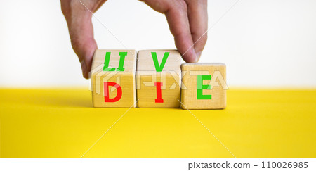 Live or die symbol. Concept word Live or Die on wooden cubes. Beautiful yellow table white background. Doctor hand. Business lifestyle and live or die concept. Copy space. Live or die symbol. Concept word Live or Die on wooden cubes. Beautiful yellow table white background. Doctor hand. Business lifestyle and live or die concept. Copy space. 110026985