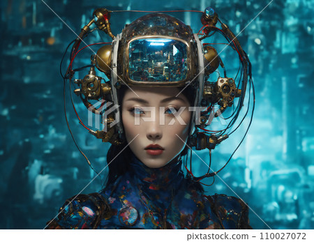 AI-generated image of a female cyborg/robot/android connected by cables and wires AI-generated image of a female cyborg/robot/android connected by cables and wires 110027072