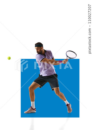 Bearded man, tennis player in motion during game, hitting ball with racket isolated over white background with blue element. Sport, competition. Poster Bearded man, tennis player in motion during game, hitting ball with racket isolated over white background with blue element. Sport, competition. Poster 110027207