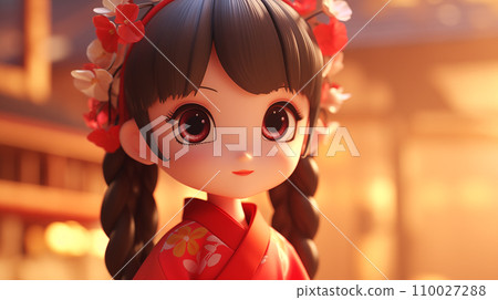 卡通可爱的穿着和服的日本女孩插画 110027288