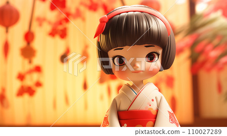 卡通可爱的穿着和服的日本女孩插画 110027289