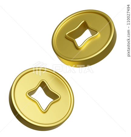 Chinese gold coins for chinese new year decorations festival. 3d render illustration Chinese gold coins for chinese new year decorations festival. 3d render illustration 110027494