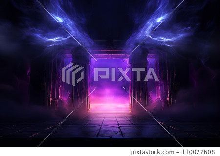 Arcane energy surges around a mystical portal at the end of a dark corridor in neon colors. Generative AI 110027608