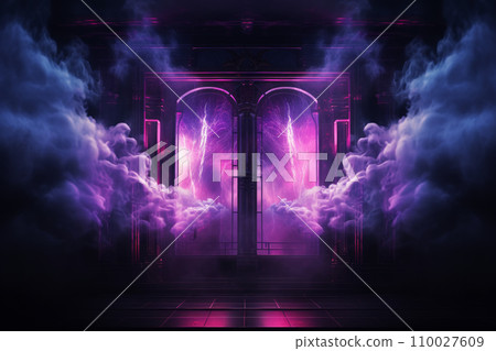 Ethereal neon purple light and mist emanate from an ornate doorway passage to an unknown realm. Generative AI Ethereal neon purple light and mist emanate from an ornate doorway passage to an unknown realm. Generative AI 110027609