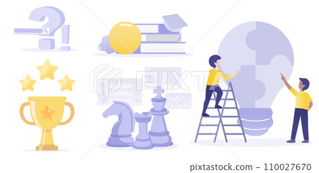 Business ideas collection set. Business people work together to assemble jigsaw puzzle, brainstorming, learning, creativity, thinking, planning and searching to achieve success. Vector illustration. 110027670