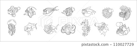 Tropical sea fishes and creatures line vector illustrations Tropical sea fishes and creatures line vector illustrations 110027729