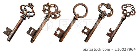 AI-generated content. An set of different keys made of copper and rusty is cut out on a transparent background close-up. Keys for opening the different front doors of the house. To be inserted into a 110027964