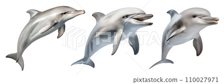 AI-generated content. Set of swimming dolphins is cut out on a transparent background. Dolphins swims on a white background. Dolphin design element for insertion into aquarium design. 110027971