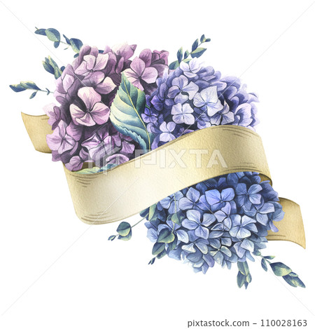 Paper ribbon scroll with blue, pink, purple hydrangea eucalyptus flowers. Hand drawn watercolor illustration. Template, frame on a white background. 110028163