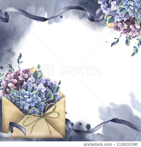 Craft envelope with hydrangea and eucalyptus flowers, ribbons, stains and splashes. Hand drawn watercolor illustration. Frame, square template for text on a white background. 110028190