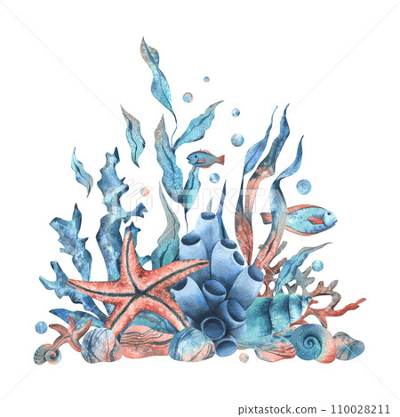 Underwater world clipart with sea animals starfish, fish, shells, coral and algae. Hand drawn watercolor illustration. Isolated composition on a white background. 110028211