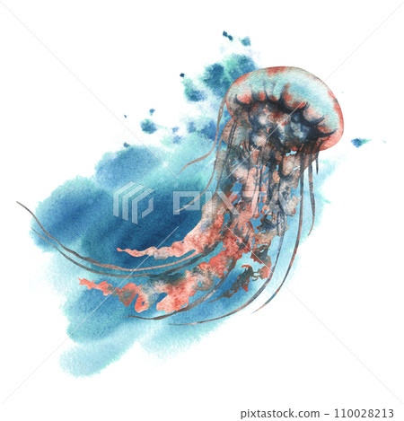 Underwater world clipart with sea animals jellyfish. Hand drawn watercolor illustration. Isolated composition on a white background. Underwater world clipart with sea animals jellyfish. Hand drawn watercolor illustration. Isolated composition on a white background. 110028213