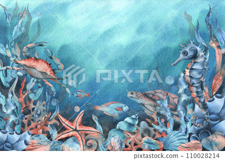 Underwater world clipart with sea animals whale, turtle, octopus, seahorse, starfish, shells, coral and algae. Hand drawn watercolor illustration. Set of isolated objects on a blue background. 110028214