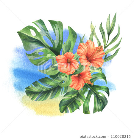 Tropical palm leaves, monstera and flowers of red hibiscus, bright juicy. Hand drawn watercolor botanical illustration. Isolated composition on a white background. Tropical palm leaves, monstera and flowers of red hibiscus, bright juicy. Hand drawn watercolor botanical illustration. Isolated composition on a white background. 110028215