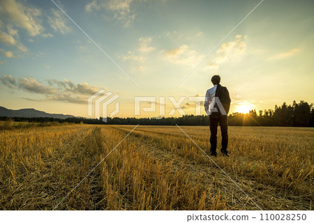 Businessman in elegant suit with his jacket hanging over his shoulder standing in mown wheat field Businessman in elegant suit with his jacket hanging over his shoulder standing in mown wheat field 110028250
