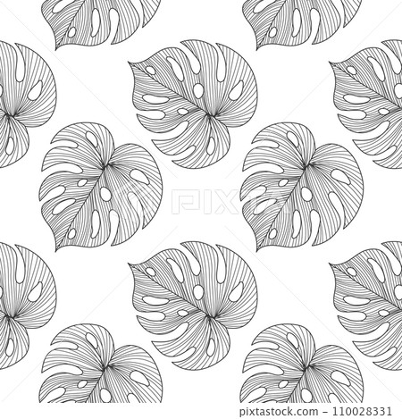 Seamless pattern with line art tropical leaves of monstera. Gray and white design. Print, textile, pattern, vector 110028331