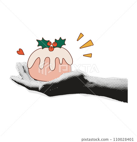 Merry Christmas collage paper sticker. Hand holding xmas cake. Colorful halftone mixed media style design. Merry Christmas collage paper sticker. Hand holding xmas cake. Colorful halftone mixed media style design. 110028401