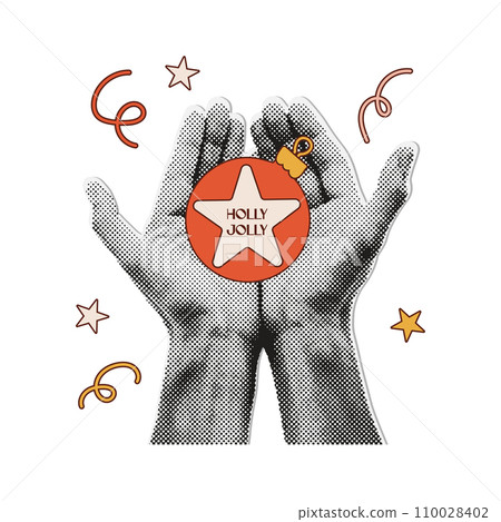 Merry Christmas collage paper sticker. Hands holding xmas tree bauble. Colorful halftone mixed media style design. Merry Christmas collage paper sticker. Hands holding xmas tree bauble. Colorful halftone mixed media style design. 110028402