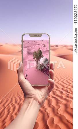 AI-generated content. Hand with phone takes pictures of beautiful landscape in desert with sand and stones 110028472