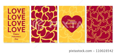 Set of Happy Valentines Day posters. Modern abstract vector cards with hearts background. A4 templates for banner, cover, greeting card, celebration, sales 110028542