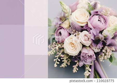 Wedding flowers, bridal bouquet closeup, color palette sage green and lilac. Decoration made of rose 110028775