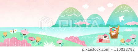 Spring picnic background illustration Natural watercolor landscape surrounded by flowers and mountains Spring picnic background illustration Natural watercolor landscape surrounded by flowers and mountains 110028792