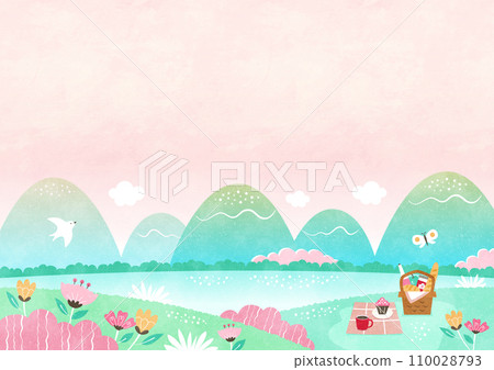Spring picnic background illustration Natural watercolor landscape surrounded by flowers and mountains 110028793