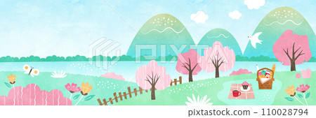 春天櫻花觀賞背景圖被櫻花和天然花卉包圍的水彩風景 110028794