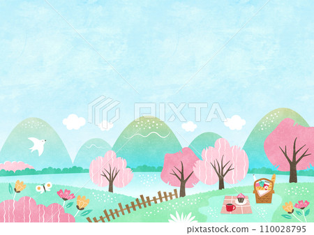 春天櫻花觀賞背景圖被櫻花和天然花卉包圍的水彩風景 110028795