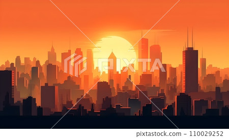 Illustration of city silhouette, lot of high rise building sunset background orange sky artistic. 110029252