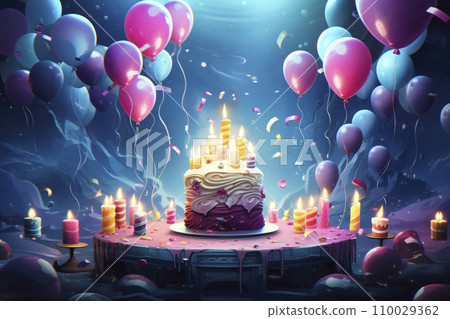 AI-generated content. Birthday background with birthday cake with candles and colorful balloon 110029362
