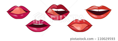 Female Lips Red and Pink Half Open Icon Vector Set 110029593