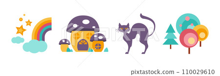 Fairytale Magic Flat Icon Design with Rainbow, Mushroom, Cat and Tree Vector Set Fairytale Magic Flat Icon Design with Rainbow, Mushroom, Cat and Tree Vector Set 110029610