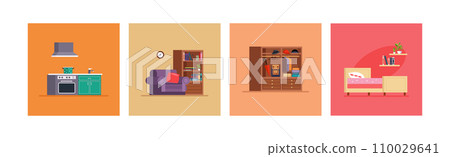 Interior Design House Room Furniture Item Vector Set 110029641