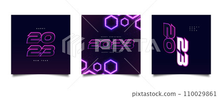 Happy New Year 2023 Poster Set with Futuristic Concept and Colorful Neon Effect. 2023 New Year Design Templates for Celebration, Background, Banner, Cover, Card, and Social Media Template Happy New Year 2023 Poster Set with Futuristic Concept and Colorful Neon Effect. 2023 New Year Design Templates for Celebration, Background, Banner, Cover, Card, and Social Media Template 110029861