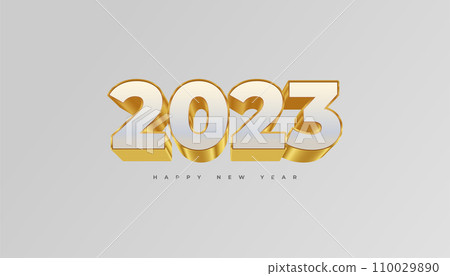 Happy New Year 2023 with White and Gold 3D Numbers Isolated on White Background. New Year Design for Banner, Poster and Greeting Card 110029890
