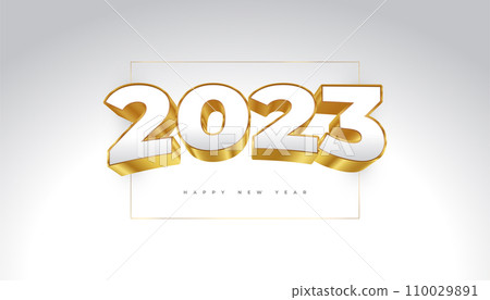 Happy New Year 2023 with White and Gold 3D Numbers Isolated on White Background. New Year Design for Banner, Poster and Greeting Card 110029891