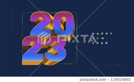 Happy New Year 2023 with Colorful and Gold 3D Numbers Isolated on Blue Background. New Year Design for Banner, Poster and Greeting Card 110029892