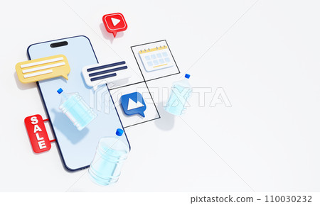 Bottled water delivery service, mobile app concept, 3d render Bottled water delivery service, mobile app concept, 3d render 110030232