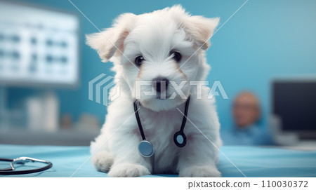A cute white longhair puppy is waiting to be treated on an examination table in an animal hospital. A close-up realistic picture of a pet in a healthcare center. Generative AI. 110030372