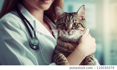 A cute brown cat is being held by a veterinarian in an animal hospital. A close-up realistic picture of a pet in healthcare center. Generative AI. 110030379