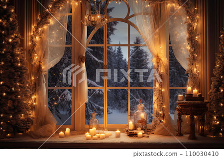 Indoor Cozy window with Christmas decor and warm light - inside view in winter and snow. celebrate Christmas and New Year, Christmas tree, bokeh, snow. AI generated Indoor Cozy window with Christmas decor and warm light - inside view in winter and snow. celebrate Christmas and New Year, Christmas tree, bokeh, snow. AI generated 110030410