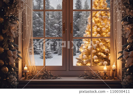 Indoor Cozy window with Christmas decor and warm light - inside view in winter and snow. celebrate Christmas and New Year, Christmas tree, bokeh, snow. AI generated 110030411