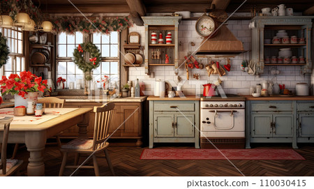 Cozy village kitchen with Christmas decor, new Year's mood, preparing for the holiday, utensils. Merry Christmas and Happy New Year greeting card, home warmth. AI generated 110030415