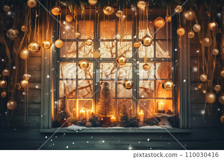 Outdoor Cozy window with Christmas decor and warm light inside - view from outside the house. celebrate Christmas and New Year, Christmas tree, bokeh, snow. AI generated 110030416