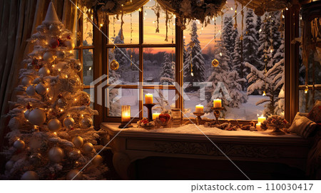 Indoor Cozy window with Christmas decor and warm light - inside view in winter and snow. celebrate Christmas and New Year, Christmas tree, bokeh, snow. AI generated 110030417