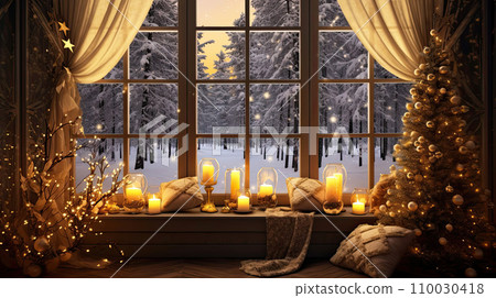 Indoor Cozy window with Christmas decor and warm light - inside view in winter and snow. celebrate Christmas and New Year, Christmas tree, bokeh, snow. AI generated 110030418