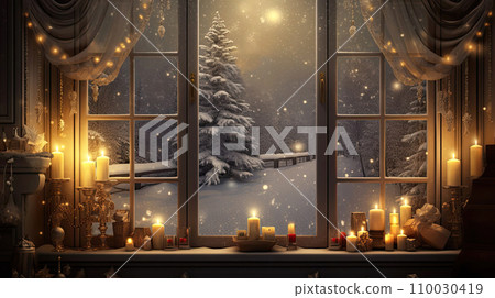 Indoor Cozy window with Christmas decor and warm light - inside view in winter and snow. celebrate Christmas and New Year, Christmas tree, bokeh, snow. AI generated 110030419