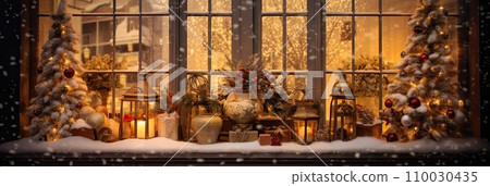 Outdoor Cozy window with Christmas decor and warm light inside - view from outside the house. celebrate Christmas and New Year, Christmas tree, bokeh, snow. AI generated 110030435